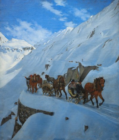 Postkoets Konvooi op de Sint-Gotthard in de Winter door Jules Jacques Jacot Guillarmod